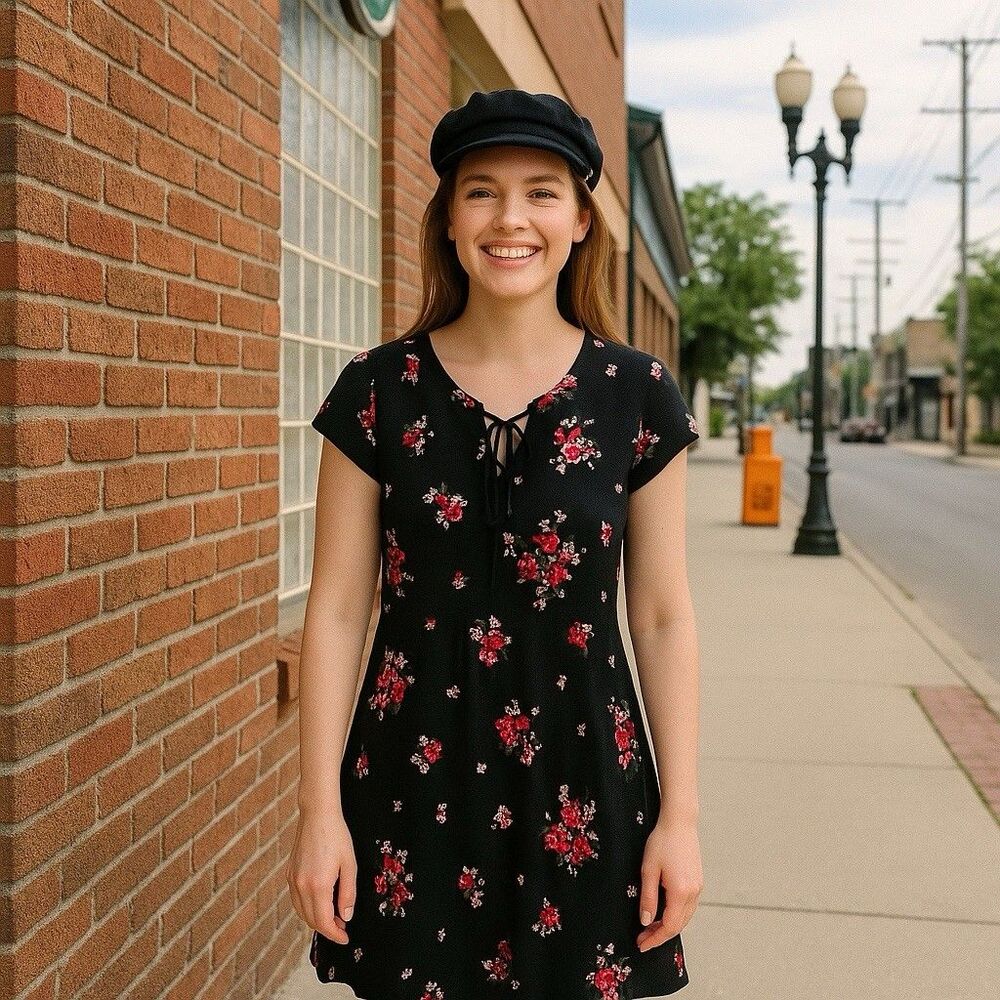Emaline Dress S Black Pink Floral Cap Sleeve Y2K Romantic 90s Soft Cottagecore